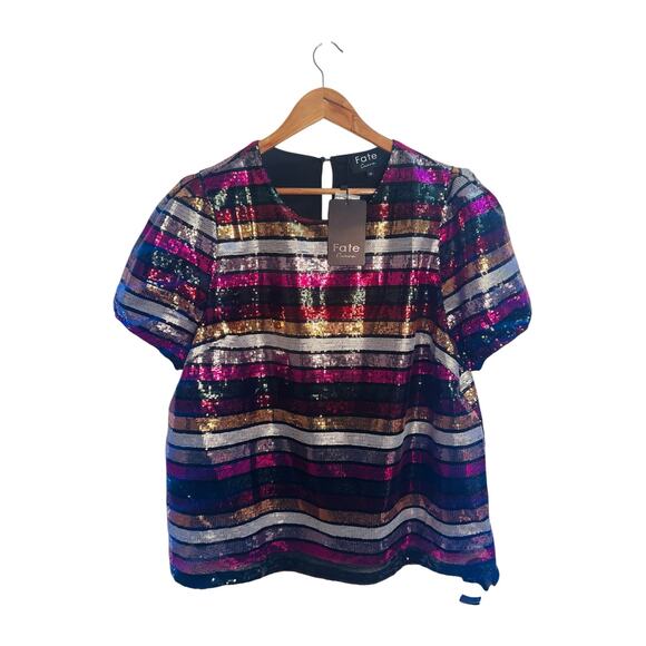 Fate Curve Women’s Sequin Top Plus Size Multicolor Stripe Party Blouse NWT - Picture 9 of 12